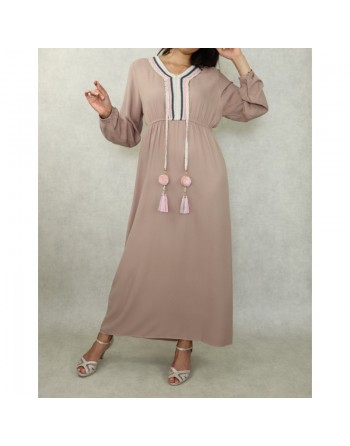 Robe longue décorée de pompons pour femme - Couleur Beige 