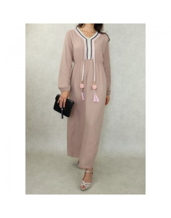 Robe longue décorée de pompons pour femme - Couleur Beige 