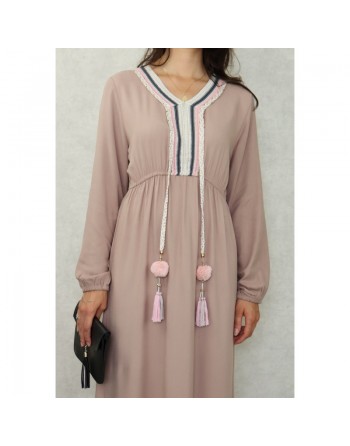 Robe longue décorée de pompons pour femme - Couleur Beige 