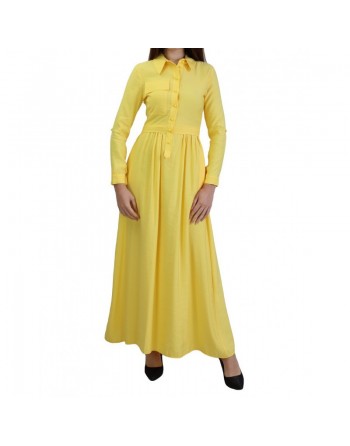 Robe casual longue boutonnée évasée pour femme - Couleur Jaune 