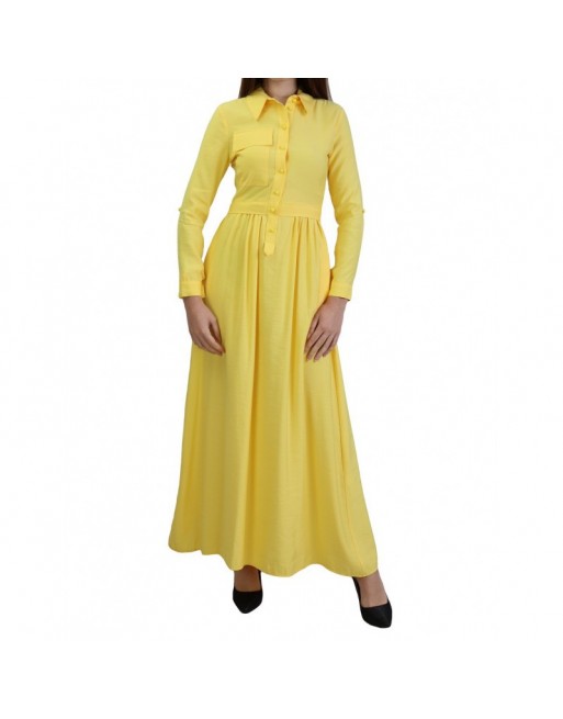 Robe casual longue boutonnée évasée pour femme - Couleur Jaune Robe casual longue boutonnée évasée pour femme - Couleur Jaune