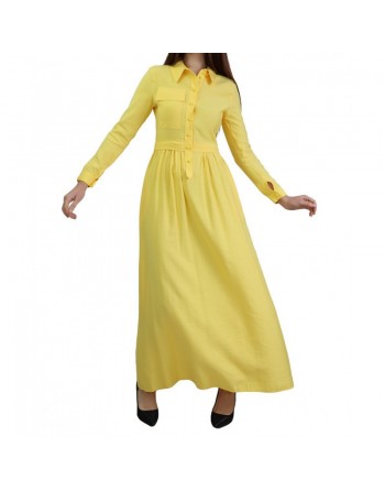 Robe casual longue boutonnée évasée pour femme - Couleur Jaune 