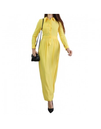 Robe casual longue boutonnée évasée pour femme - Couleur Jaune 