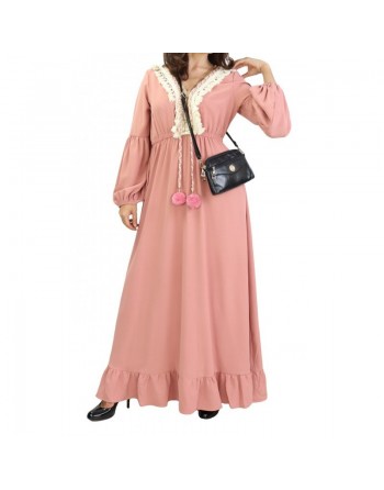 Robe brodée maxi-longue avec pompons et manche bouffantes pour femme - Couleur rose poudré 