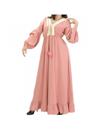 Robe brodée maxi-longue avec pompons et manche bouffantes pour femme - Couleur rose poudré 