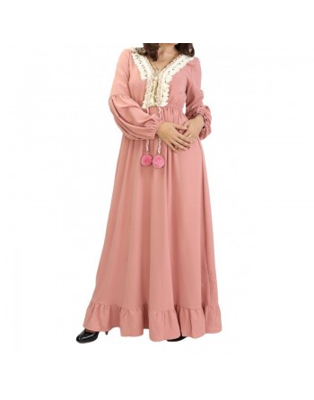 Robe brodée maxi-longue avec pompons et manche bouffantes pour femme - Couleur rose poudré 
