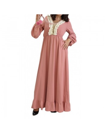 Robe brodée maxi-longue avec pompons et manche bouffantes pour femme - Couleur rose poudré 