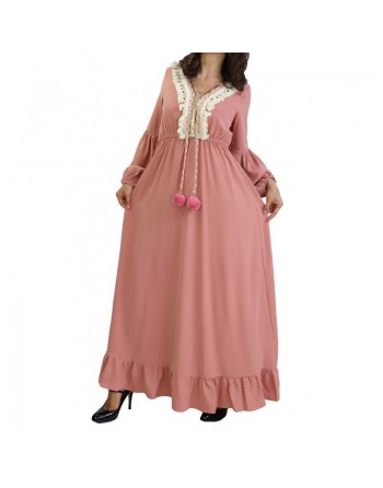 Robe brodée maxi-longue avec pompons et manche bouffantes pour femme - Couleur rose poudré 