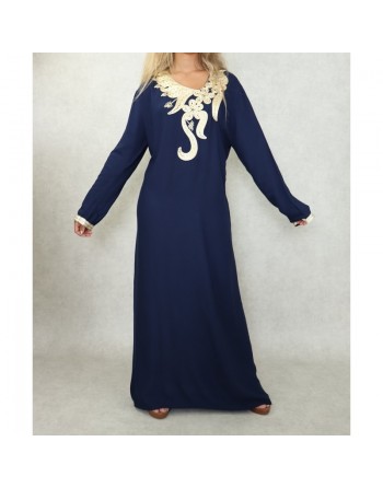 Robe longue orientale mastour pour femme avec broderies et strass dorés - Couleur bleu marine 