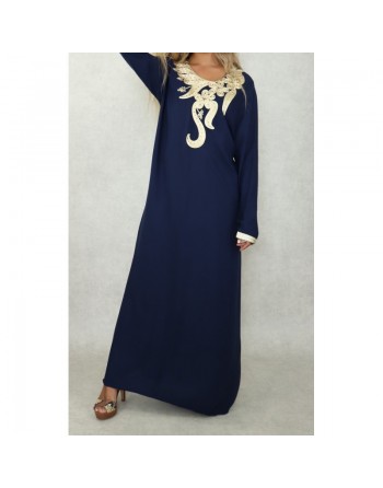 Robe longue orientale mastour pour femme avec broderies et strass dorés - Couleur bleu marine 