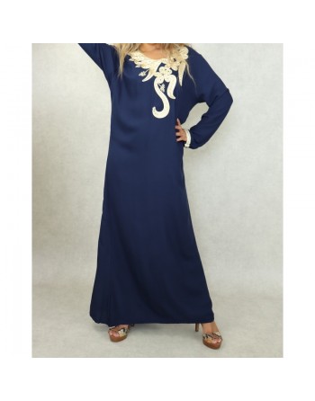 Robe longue orientale mastour pour femme avec broderies et strass dorés - Couleur bleu marine 
