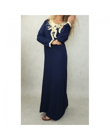 Robe longue orientale mastour pour femme avec broderies et strass dorés - Couleur bleu marine 