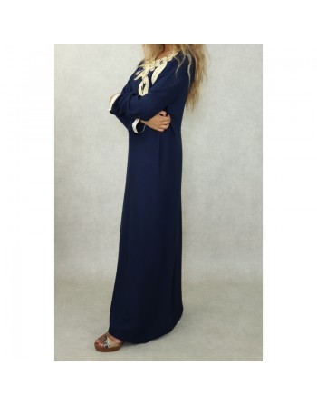 Robe longue orientale mastour pour femme avec broderies et strass dorés - Couleur bleu marine 