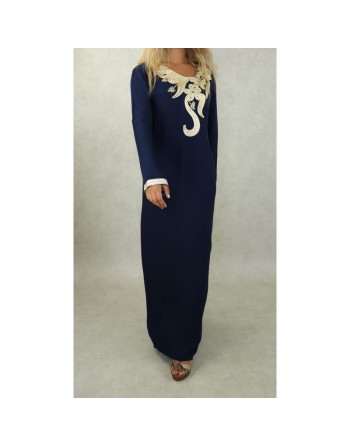 Robe longue orientale mastour pour femme avec broderies et strass dorés - Couleur bleu marine 
