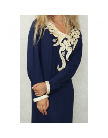 Robe longue orientale mastour pour femme avec broderies et strass dorés - Couleur bleu marine 