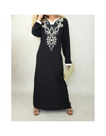 Robe orientale longue avec belles broderies en coton pour femme - Couleur Noir 
