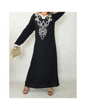 Robe orientale longue avec belles broderies en coton pour femme - Couleur Noir 
