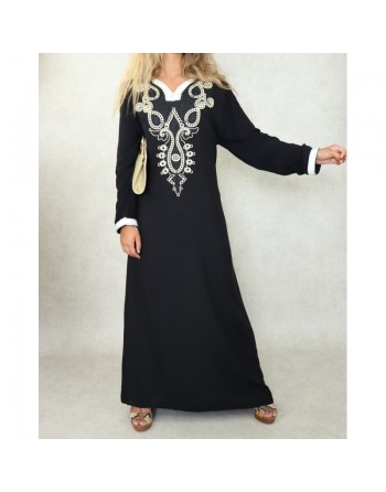 Robe orientale longue avec belles broderies en coton pour femme - Couleur Noir 