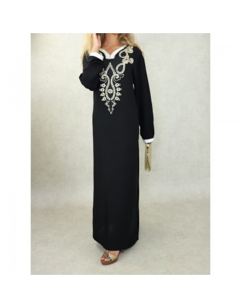 Robe orientale longue avec belles broderies en coton pour femme - Couleur Noir 