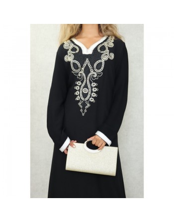 Robe orientale longue avec belles broderies en coton pour femme - Couleur Noir 
