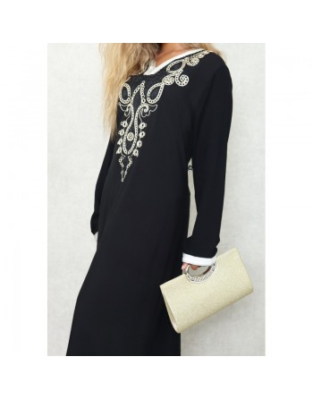 Robe orientale longue avec belles broderies en coton pour femme - Couleur Noir 