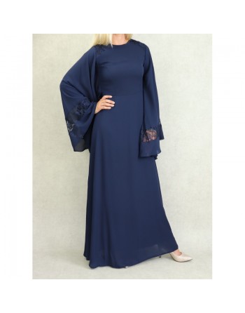 Robe de soirée maxi-longue élégante et raffinée manches kimono pour femme - Couleur Bleu Marine 