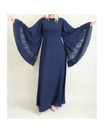 Robe de soirée maxi-longue élégante et raffinée manches kimono pour femme - Couleur Bleu Marine 