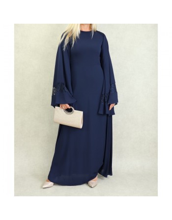 Robe de soirée maxi-longue élégante et raffinée manches kimono pour femme - Couleur Bleu Marine 