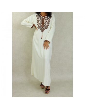 Robe longue brodée style oriental pour femme - Couleur Blanc cassé 