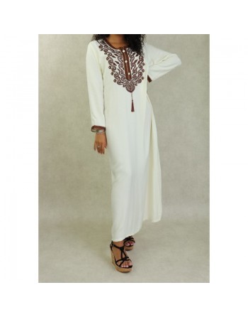 Robe longue brodée style oriental pour femme - Couleur Blanc cassé 