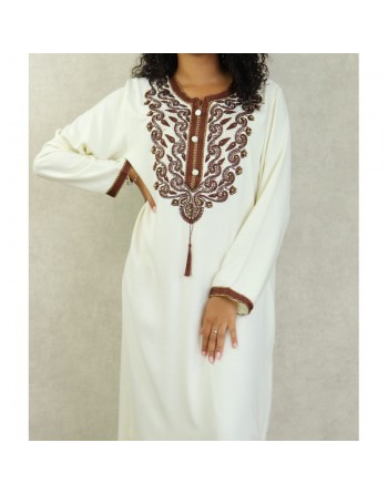 Robe longue brodée style oriental pour femme - Couleur Blanc cassé 
