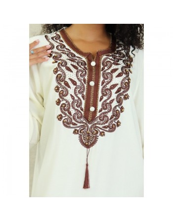 Robe longue brodée style oriental pour femme - Couleur Blanc cassé 