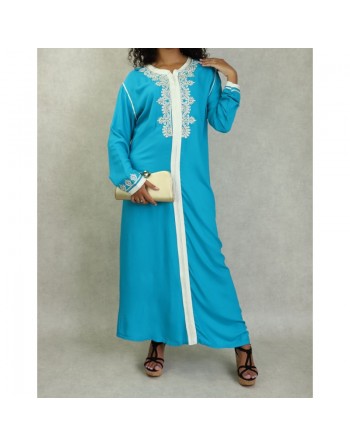 Robe Marocaine longue avec broderies et strass style caftan - Couleur Bleu turquoise 