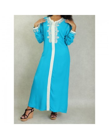Robe Marocaine longue avec broderies et strass style caftan - Couleur Bleu turquoise 