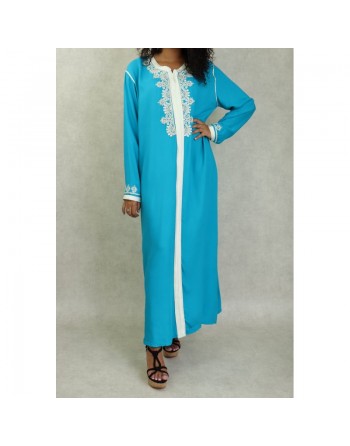 Robe Marocaine longue avec broderies et strass style caftan - Couleur Bleu turquoise 