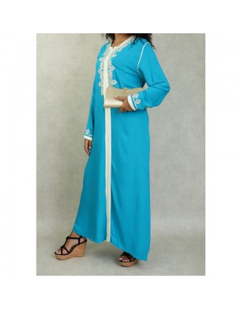 Robe Marocaine longue avec broderies et strass style caftan - Couleur Bleu turquoise 