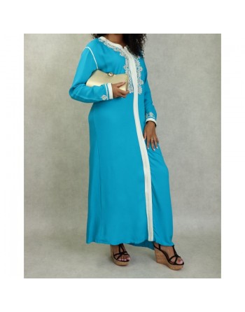 Robe Marocaine longue avec broderies et strass style caftan - Couleur Bleu turquoise 