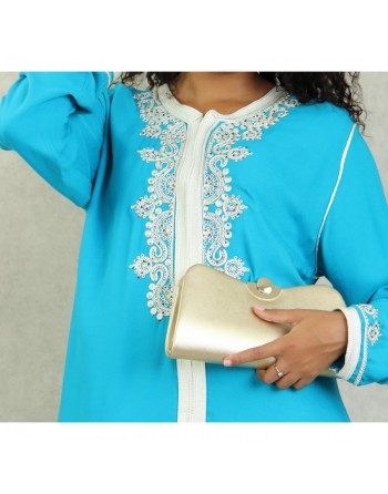 Robe Marocaine longue avec broderies et strass style caftan - Couleur Bleu turquoise 