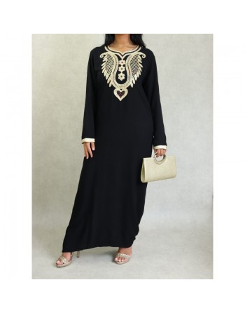 Robe orientale pour femme avec broderies et strass - Couleur Noir 