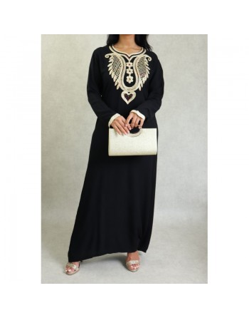 Robe orientale pour femme avec broderies et strass - Couleur Noir 