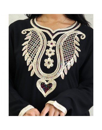Robe orientale pour femme avec broderies et strass - Couleur Noir 