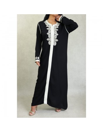 Robe Marocaine longue avec broderies et strass style caftan oriental pour femme - Couleur Noir 