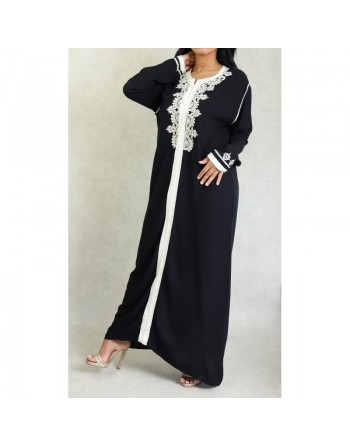 Robe Marocaine longue avec broderies et strass style caftan oriental pour femme - Couleur Noir 