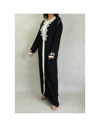 Robe Marocaine longue avec broderies et strass style caftan oriental pour femme - Couleur Noir 