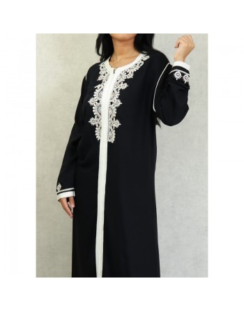 Robe Marocaine longue avec broderies et strass style caftan oriental pour femme - Couleur Noir 