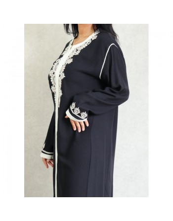 Robe Marocaine longue avec broderies et strass style caftan oriental pour femme - Couleur Noir 