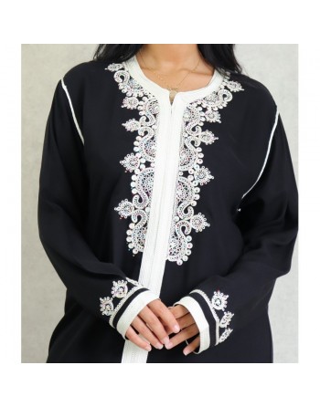 Robe Marocaine longue avec broderies et strass style caftan oriental pour femme - Couleur Noir 
