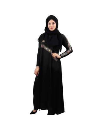 Abaya femme avec son châle assorti (voile/hijab) - Robe emirati (Dubai) avec décoration en strass et pierres rectangulaires c...