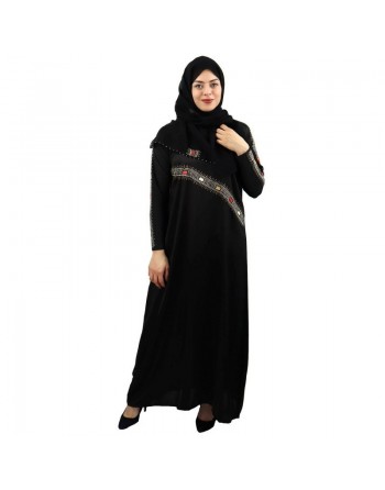 Abaya femme avec son châle assorti (voile/hijab) - Robe emirati (Dubai) avec décoration en strass et pierres rectangulaires c...