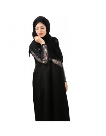 Abaya femme avec son châle assorti (voile/hijab) - Robe emirati (Dubai) avec décoration en strass et pierres rectangulaires c...